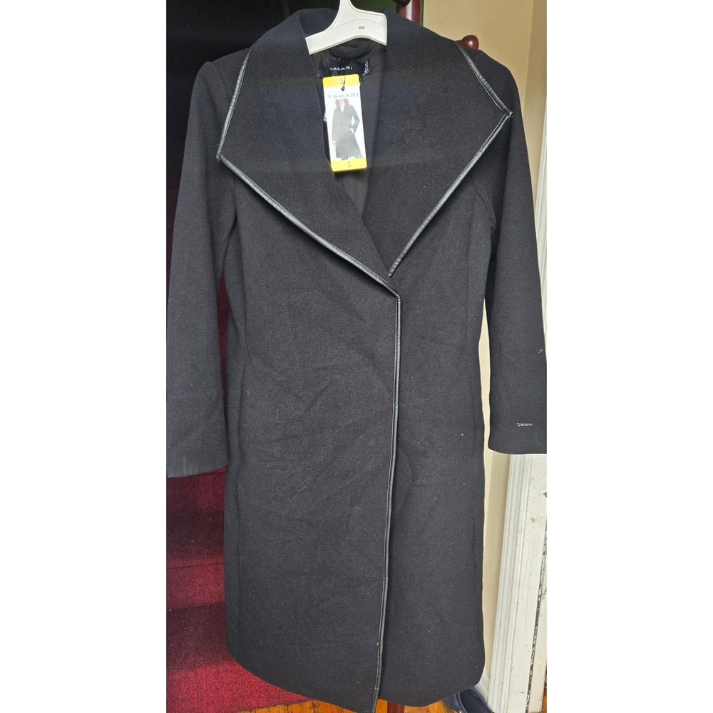 Tahari Women Black Wrap Coat Faux Leather Trim Tie Waist Belted Size Small NEW
